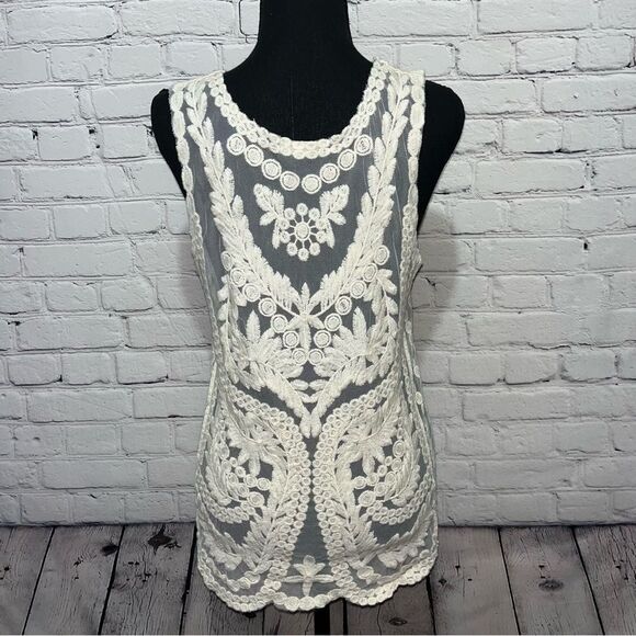 Vintage Y2K Capri Embroidered Lace Sheer Cami Tank Top Size Medium - Picture 3 of 13